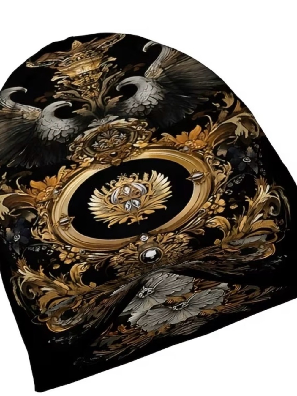 Men's Black Beanie with Gold Ornate Crest - Designer Style